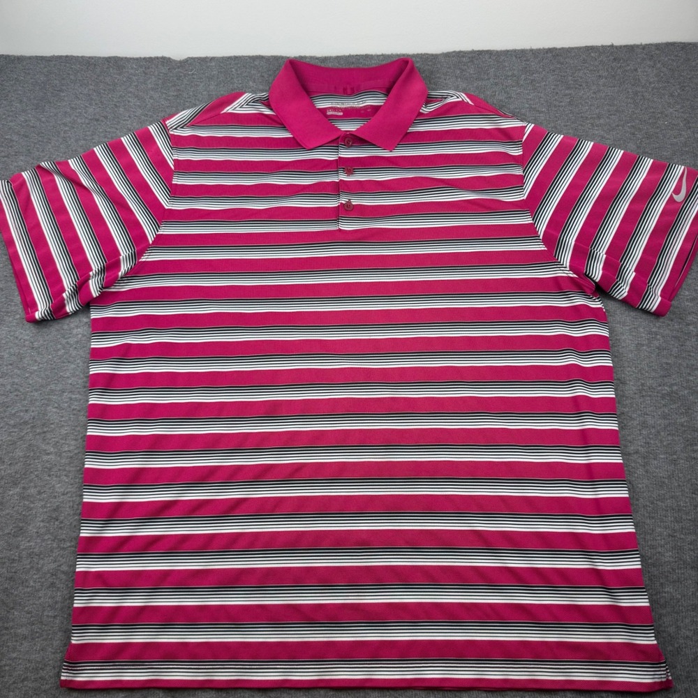 Nike Polo Shirt Mens XL Pink Striped Dri-FIT Tour Performance Golf Short Sleeve